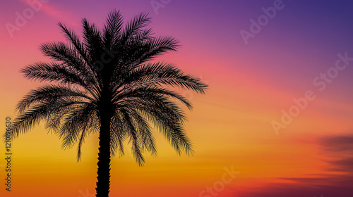 Minimalistic silhouette of a palm tree against a vibrant sunset gradient photo