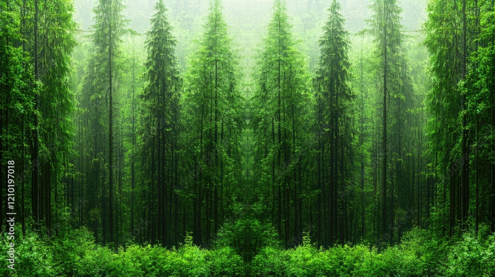 Fototapeta premium Misty forest scene, tall evergreen trees, tranquil nature, background for design