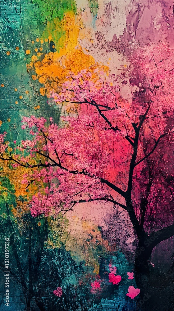 Pink Cherry Blossoms Abstract Painting, Spring Floral Art Pink Cherry Blossoms Abstract Painting, Spring Floral Art