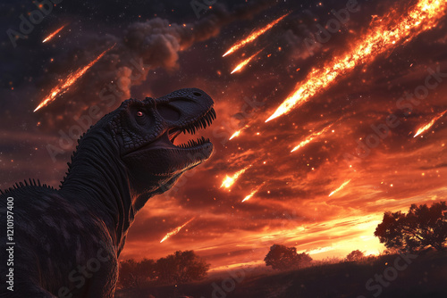 Fiery meteors raining down on a dinosaur habitat