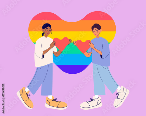 Pride month. Cute couple holding heart. Valentine`s day. Modern isolated vector illustration.