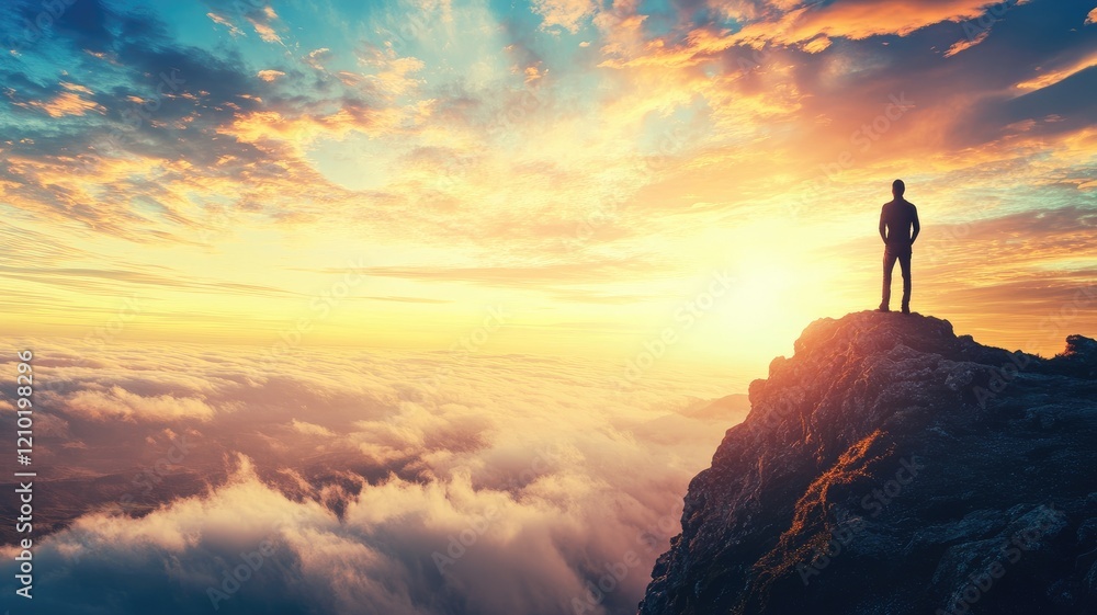 Obraz premium Person standing on mountain peak at sunset above clouds, enjoying scenic view