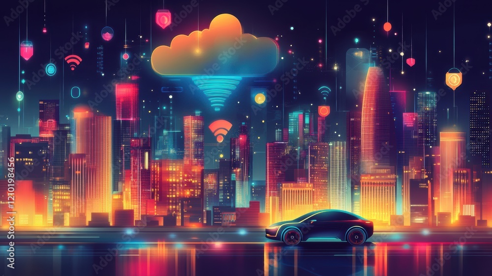 Fototapeta premium Social networking city and town with automation car on the world symbols moving from buildings to cloud using wifi. Vector illustration, penology, communication, generation, modern, generate by AI