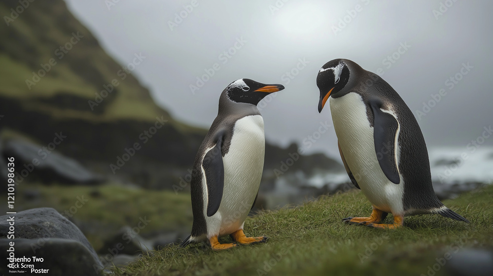 Fototapeta premium A penguins are at a colorful scenary.