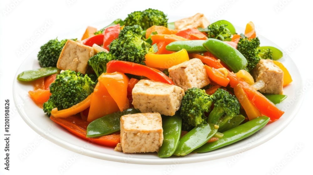 A colorful plate of vegetable stir-fry with bell peppers, broccoli, carrots A colorful plate of vegetable stir-fry with bell peppers, broccoli, carrots