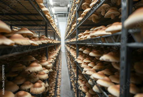 Industrial mushroom farm, rows of blue trays, white button mushrooms, large-scale cultivation, indoor agriculture, controlled environment, bright lighting, perspective shot, clean facility, food produ photo