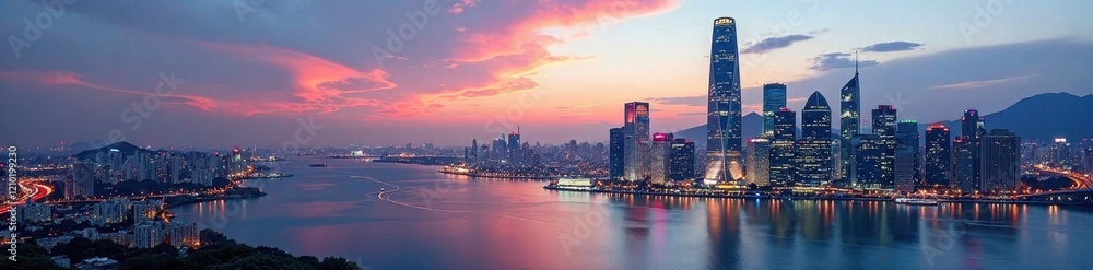 Fototapeta premium Sleek glass skyscraper reflecting city skyline, gray, reflection, modern