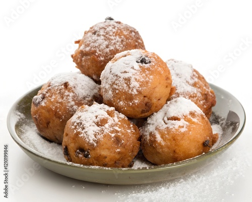 
Dutch traditional delicacy Oliebollen, round donuts sprinkled with powdered sugar, on a plate, isolated on white background