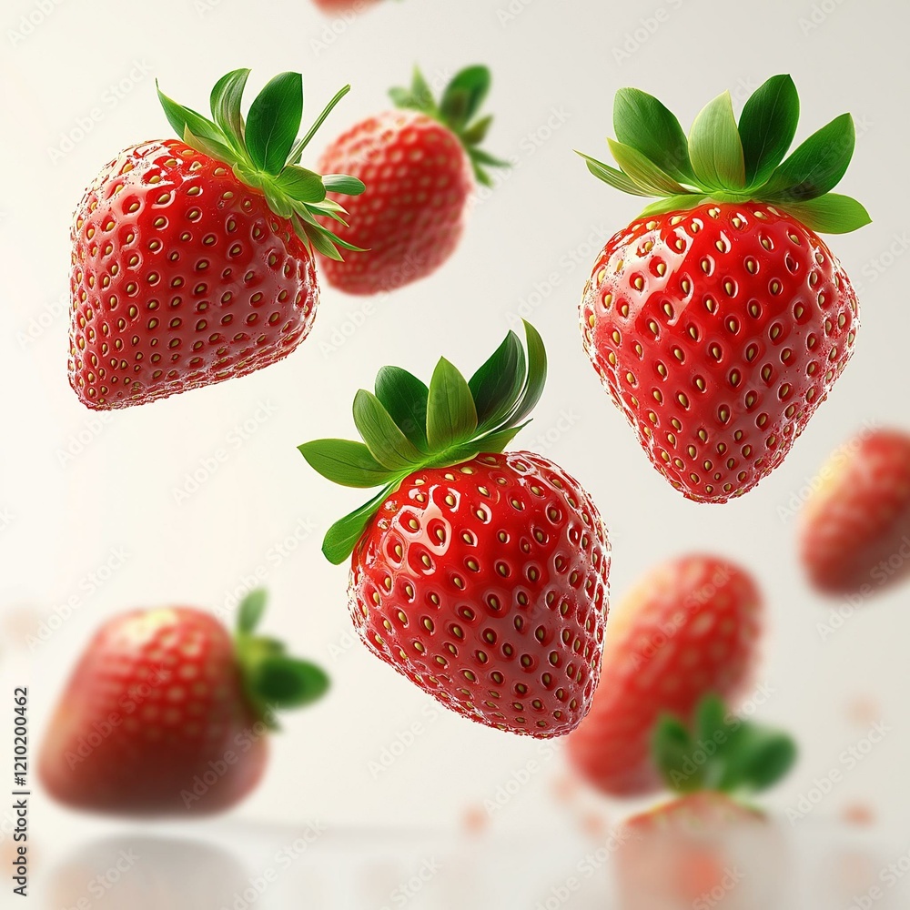 Fresh, vibrant strawberries in motion, showcasing their juicy texture and bright red color against a soft background. Fresh, vibrant strawberries in motion, showcasing their juicy texture and bright red color against a soft background.
