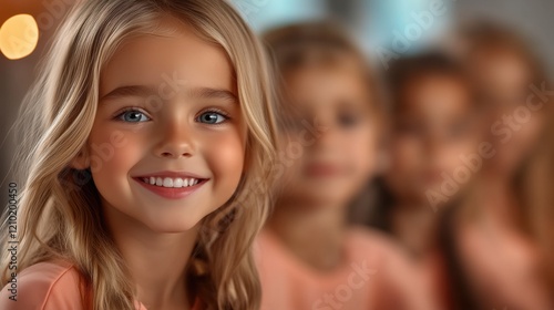 Young girl smiling brightly in a warm, indoor setting with other girls softly blurred in the background during a cheerful moment