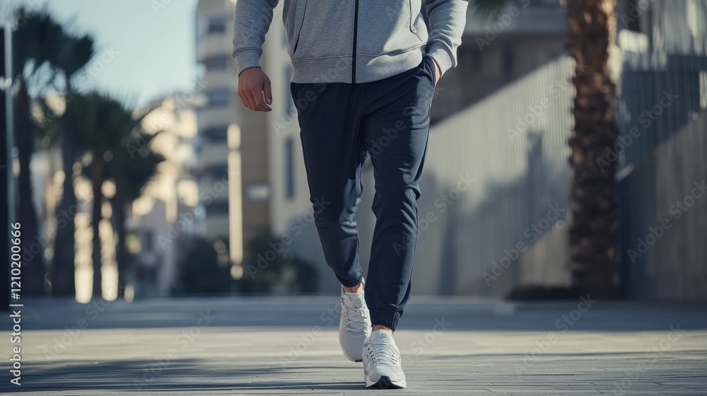 Casual fitness look with a man walking outdoors in modern urban setting on a sunny day Casual fitness look with a man walking outdoors in modern urban setting on a sunny day