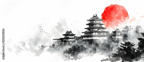 Asian castle sunset, ink art, serenity