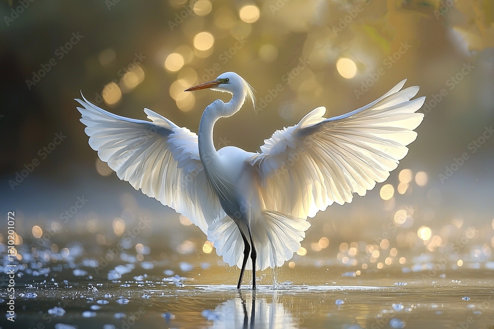 White egrets standing on the lake and spreading their wings. Wetland lake. AI generated White egrets standing on the lake and spreading their wings. Wetland lake. AI generated