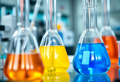 laboratory glassware, colorful liquids, blue yellow orange solutions, chemistry experiment, scientific research, transparent flasks, vibrant colors, close-up shot, shallow depth of field, clean steril photo