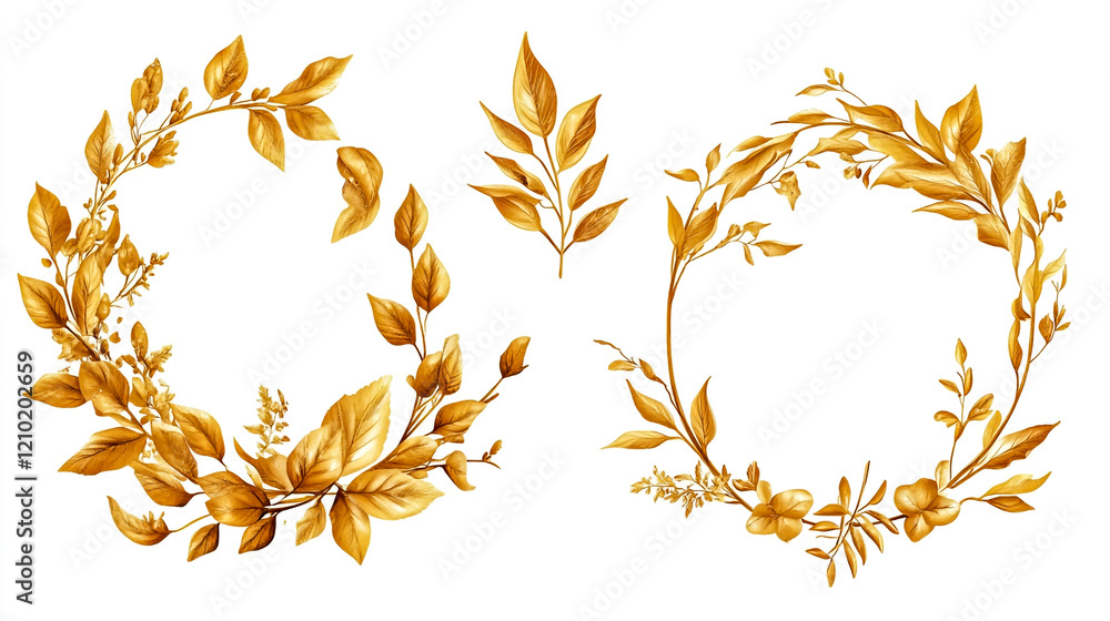 Set. Arrangement of decorative leaves and gold elements. Collection leaves, twigs, herbs, leaf compositions, gold, wreath isolated on white background. Set. Arrangement of decorative leaves and gold elements. Collection leaves, twigs, herbs, leaf compositions, gold, wreath isolated on white background.