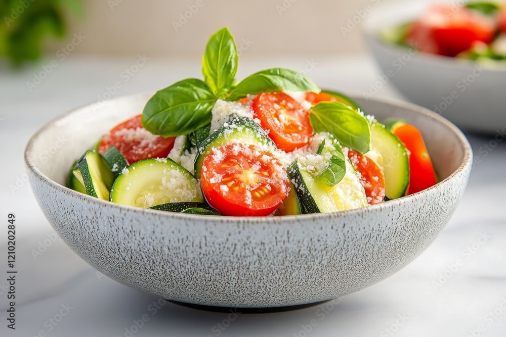 A bowl of zucchini noodles with a simple tomato basil sauce, topped with freshly grated Pecorino Romano A bowl of zucchini noodles with a simple tomato basil sauce, topped with freshly grated Pecorino Romano