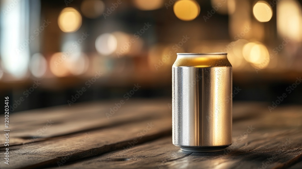 Cold drink can on wooden table in dimly lit setting