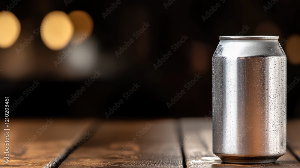 Aluminum can on wooden surface with blurred background Aluminum can on wooden surface with blurred background