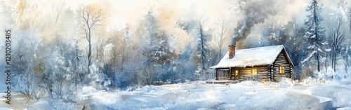Cozy cabin amidst a serene winter landscape with falling snow and vibrant watercolor hues