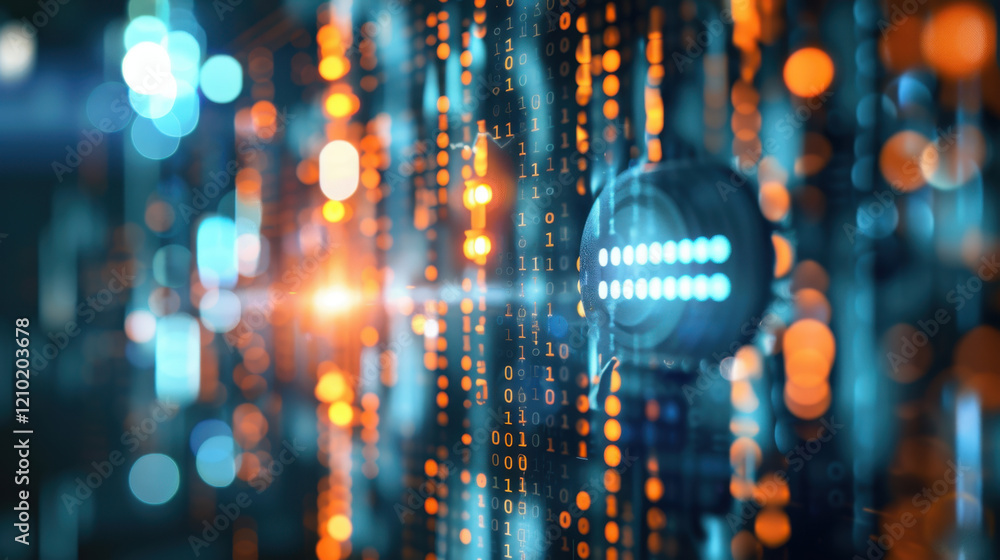 Fototapeta premium Digital data stream with binary code and glowing lights creates futuristic atmosphere. vibrant colors and patterns evoke sense of technology and innovation