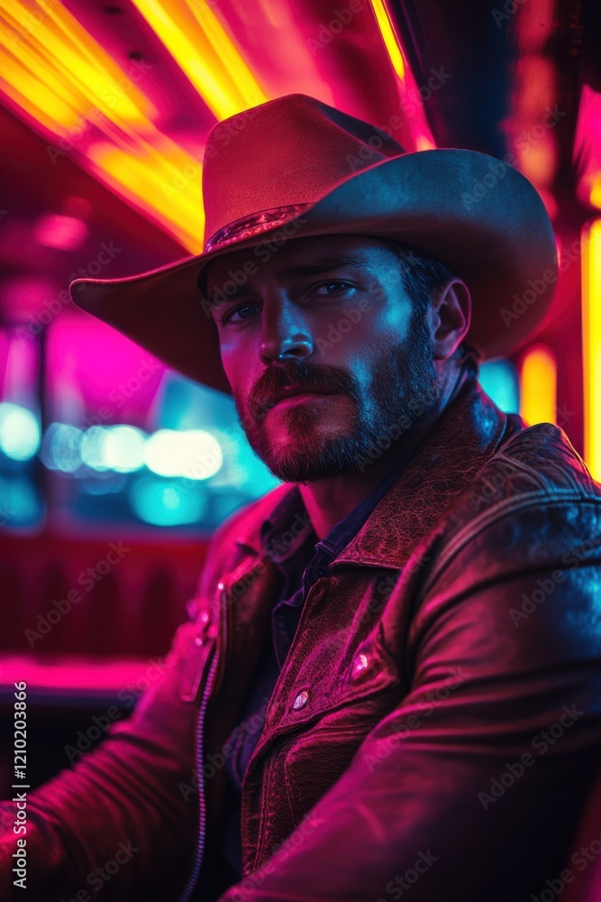 Cowboy in a neon-lit diner during nighttime, embodying a blend of rustic charm and urban vibrancy Cowboy in a neon-lit diner during nighttime, embodying a blend of rustic charm and urban vibrancy