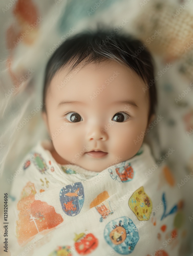 Cute baby wrapped in a colorful blanket gazes curiously at the camera indoors in a cozy atmosphere during daytime Cute baby wrapped in a colorful blanket gazes curiously at the camera indoors in a cozy atmosphere during daytime