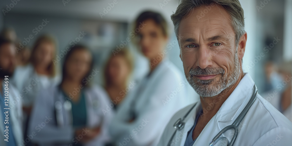 Fototapeta premium A man in a white coat is smiling at the camera