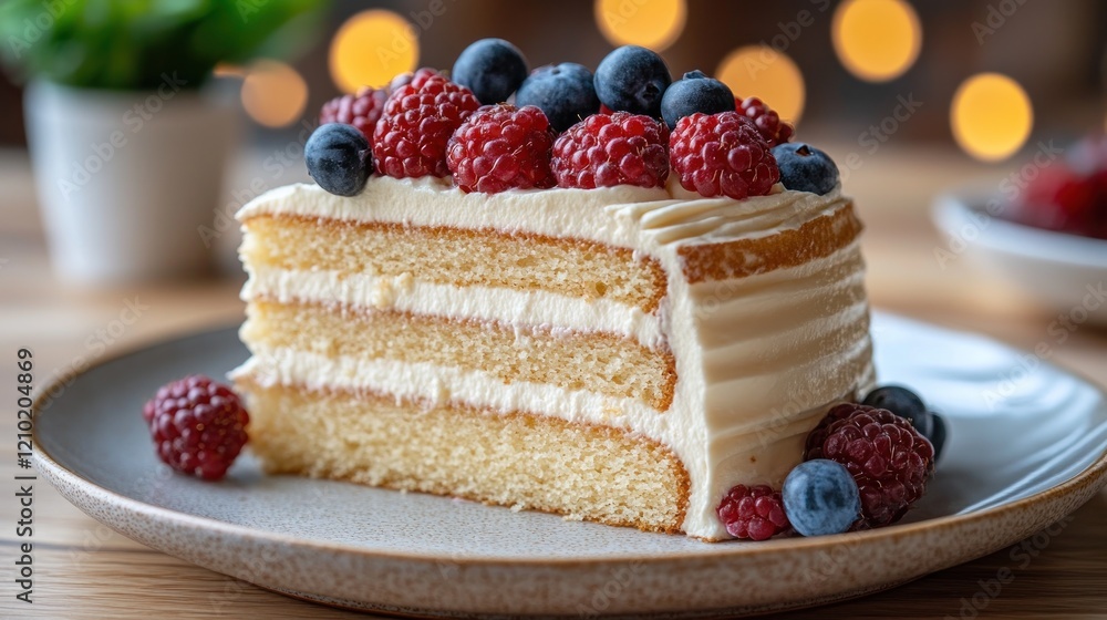 Festive berry cake slice, wooden table, bokeh Festive berry cake slice, wooden table, bokeh