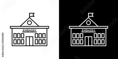 Embassy icons set in black filled and stroke line style