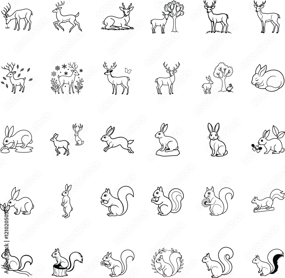 Forest Animals Line Art Deer, Rabbits, Squirrels, Nature Icons Forest Animals Line Art Deer, Rabbits, Squirrels, Nature Icons