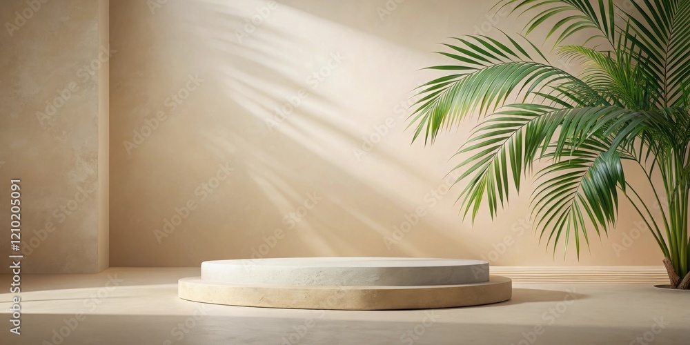 Serene Minimalist Display Two-Tiered Platform with Tropical Foliage and Soft Lighting Serene Minimalist Display Two-Tiered Platform with Tropical Foliage and Soft Lighting