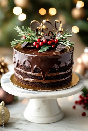 Decadent chocolate cake with festive decorations on a marble cake stand surrounded by holiday ornaments and lights