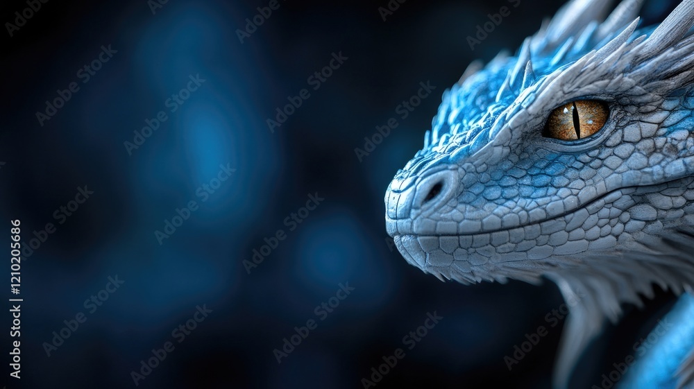 Fototapeta premium Detailed close-up of blue dragon with textured scales and piercing amber eyes in dark fantasy setting