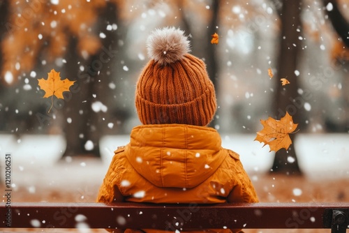 A child sitting alone on a swing in a quiet park, with autumn leaves scattered across the ground and no one else in sight photo