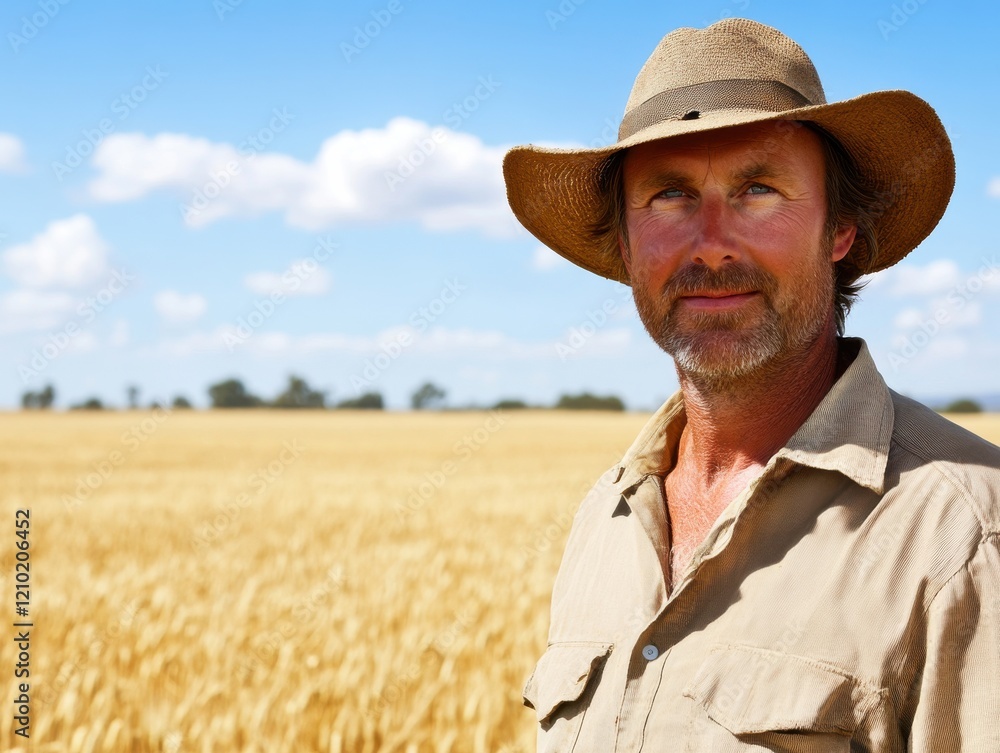 Portrait of a farmer standing in golden wheat fields under a clear blue sky during a sunny day in rural countryside Portrait of a farmer standing in golden wheat fields under a clear blue sky during a sunny day in rural countryside