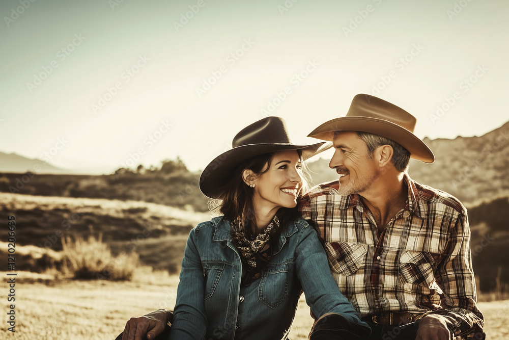 Vintage cowboy western style man and woman outdoor in arid mountainous landscape.