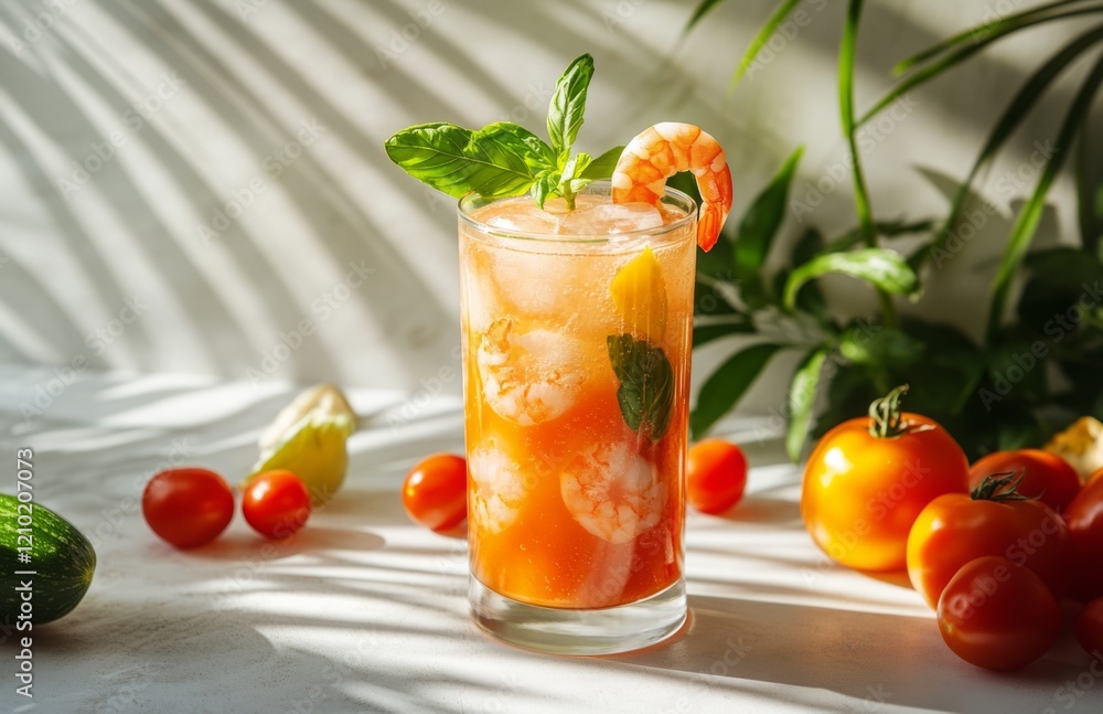 Tall Glass with Tomato Juice, Ice, Prawns, and Palm Leaf Shadow Tall Glass with Tomato Juice, Ice, Prawns, and Palm Leaf Shadow