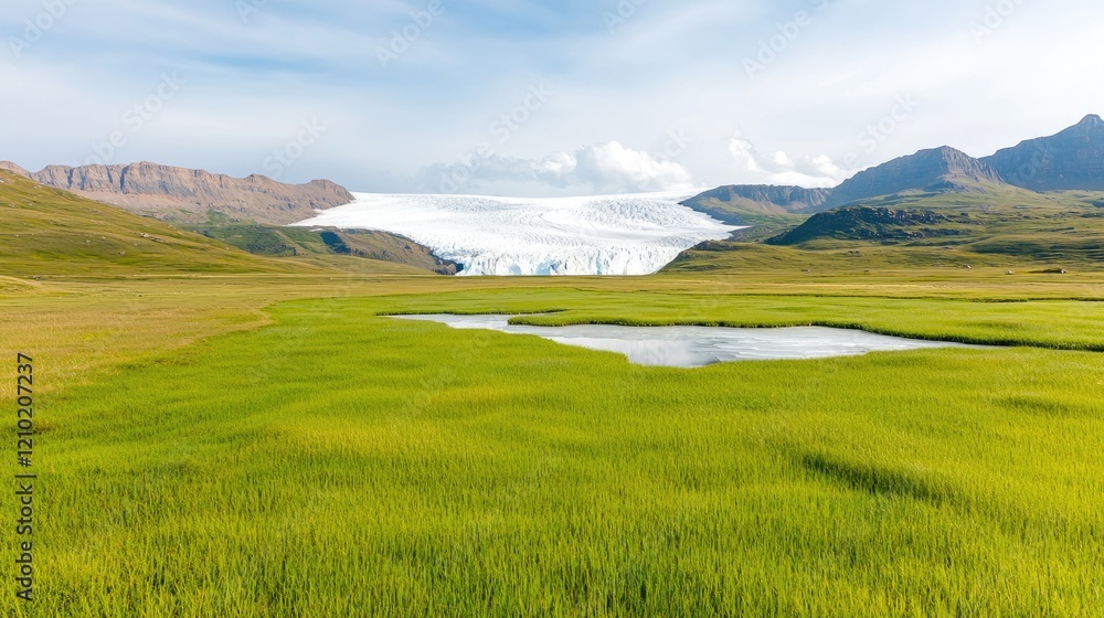 Fototapeta premium Lush green meadow with a small pond in front of a massive glacier under a cloudy sky.