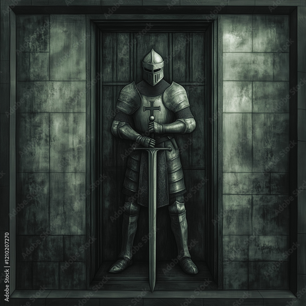 Obraz premium A medium shot of a knight in filigree armor, standing in a gothic doorway, black and white tones, intricate details, stone walls, medieval aesthetic.
