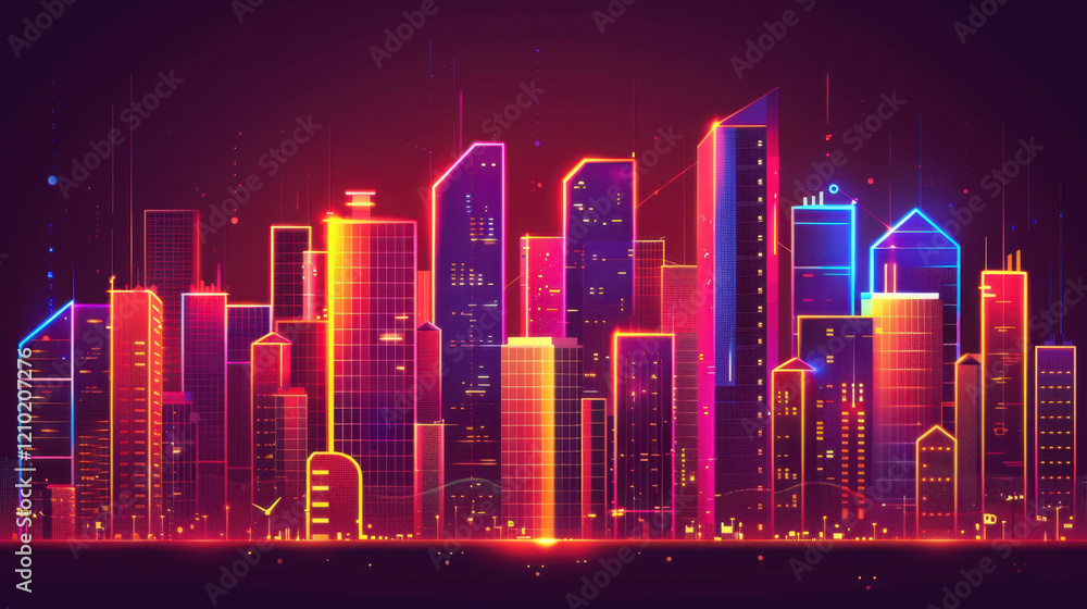 vibrant city skyline with neon lights and futuristic buildings, showcasing blend of modern architecture and digital elements, creating lively urban atmosphere vibrant city skyline with neon lights and futuristic buildings, showcasing blend of modern architecture and digital elements, creating lively urban atmosphere