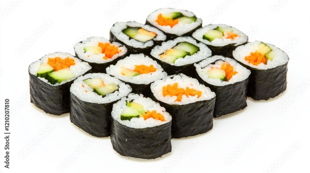 A colorful plate of vegetable sushi rolls with avocado, cucumber, and carrot A colorful plate of vegetable sushi rolls with avocado, cucumber, and carrot