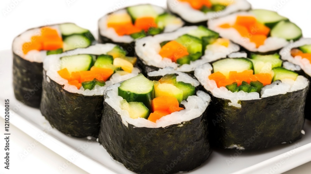 A colorful plate of vegetable sushi rolls with avocado, cucumber, and carrot A colorful plate of vegetable sushi rolls with avocado, cucumber, and carrot