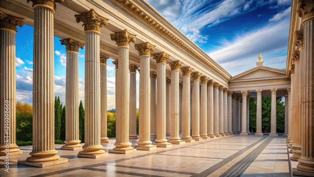 Fototapeta premium Classical colonnade with Corinthian columns and arcades in a serene ancient Greek landscape