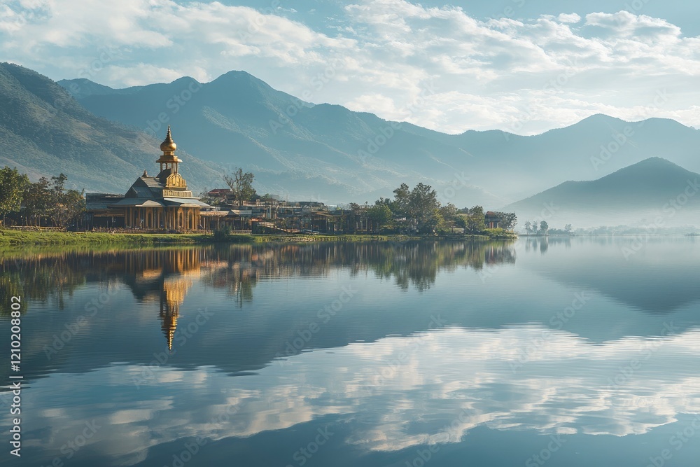 Obraz premium Serene Lake Temple Sunrise Mountain Landscape