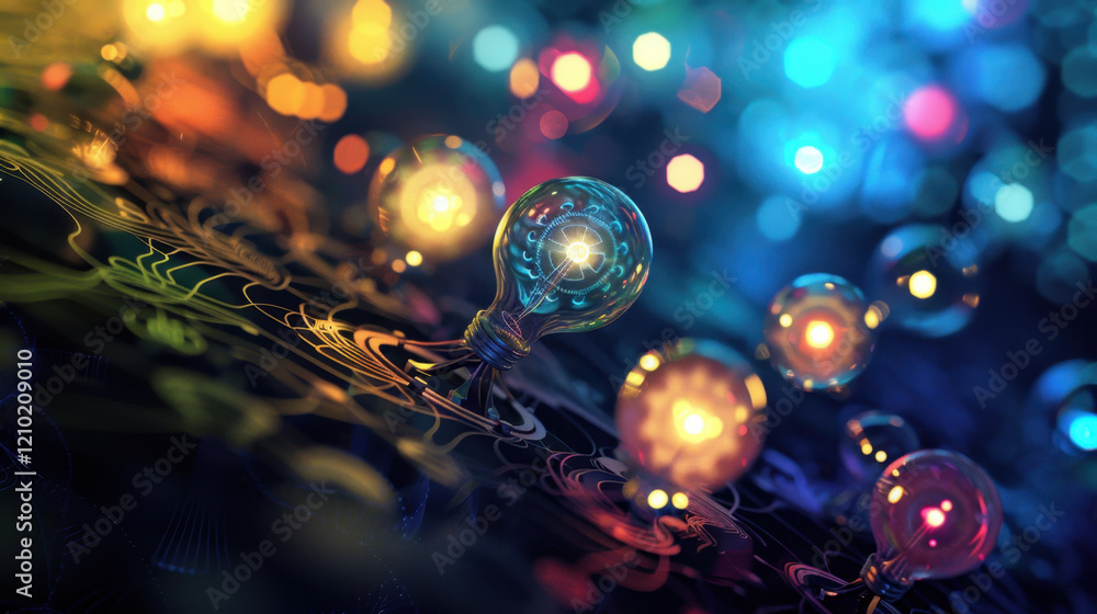 Colorful glowing light bulbs on dark background create vibrant atmosphere, showcasing intricate patterns and magical ambiance Colorful glowing light bulbs on dark background create vibrant atmosphere, showcasing intricate patterns and magical ambiance