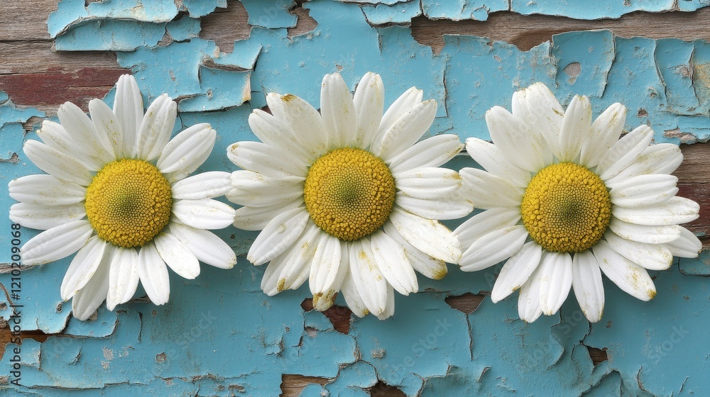 Obraz premium Three Daisies on Rustic Blue Weathered Wood Background Floral Spring Summer Nature Photography