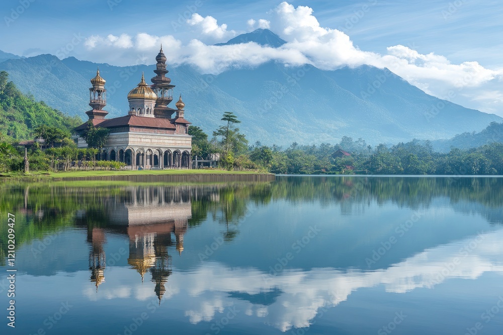 Serene Mosque Lake Reflection Stunning Mountain View Serene Mosque Lake Reflection Stunning Mountain View
