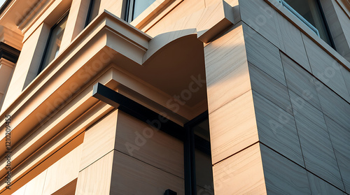 Captivating Architectural Details: Modern Building Facade with Stone Cladding and Geometric Design Elements