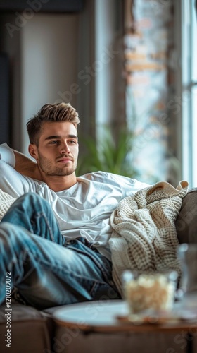 A man lying on a sofa, wrapped in a plaid and looking out the window. Suitable for articles about comfort, relaxation and home cosiness. photo