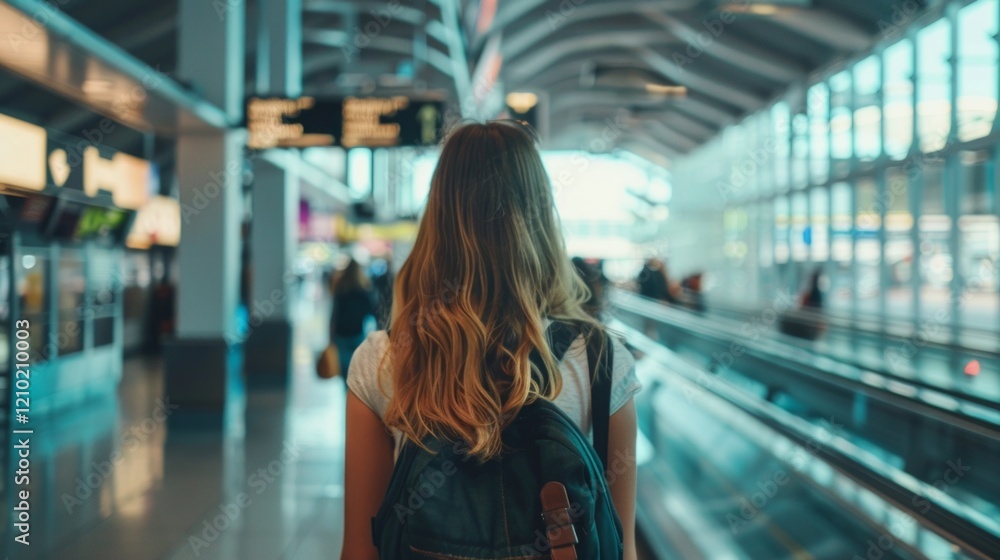 A young woman with a backpack walking through an airport, symbolising travel and adventure. Suitable for travel agencies, airlines, backpacks and travel accessories. A young woman with a backpack walking through an airport, symbolising travel and adventure. Suitable for travel agencies, airlines, backpacks and travel accessories.